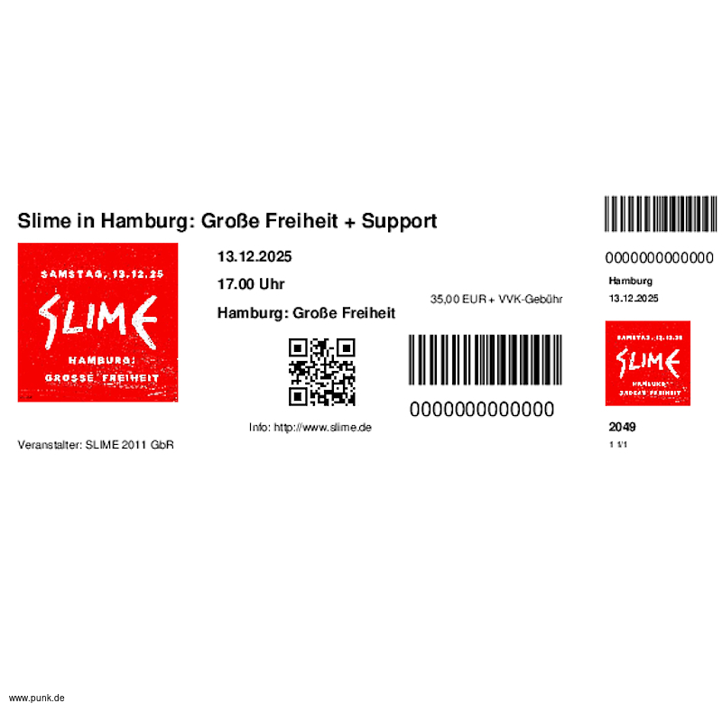 : HardTicket Slime in Hamburg: Große Freiheit + Support